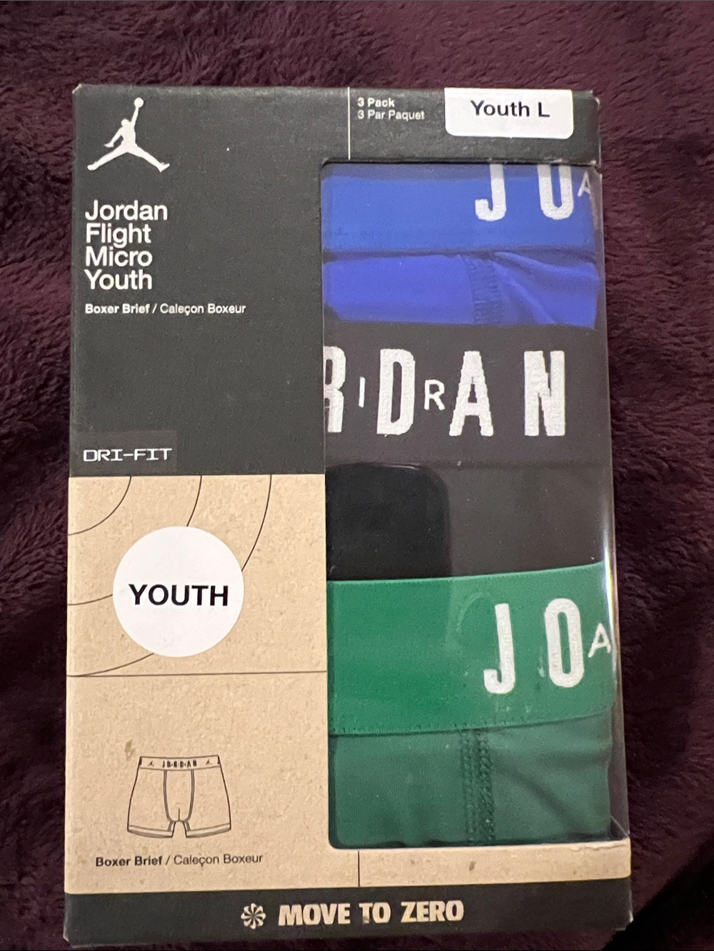 Jordan Youth 3-Pack Boxer Briefs - Blue, Black, Green size large